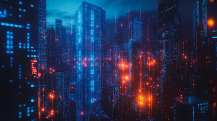 Fototapeta premium Smart digital city with connection cyber security network reciprocity over the cityscape . future smart wireless digital city and social media networking systems that connects people within the city