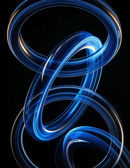 Abstract Blue and Gold Rings on Black Background,Abstract image featuring blue and gold rings, with a blurred effect, against a black backdrop. The rings are intertwined, creating a dynamic and modern