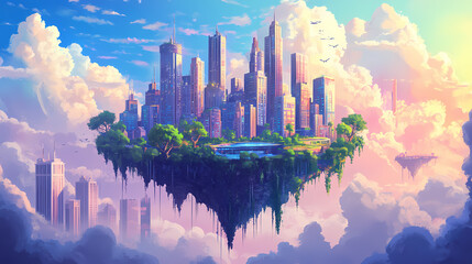 Fototapeta premium Floating cityscape. fantasy island in the sky. Floating Cityscape. Illustration