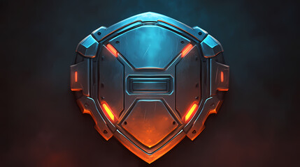 Digital fortress shield, a sleek metal design featuring firewall symbols, safeguarding against dynamic cyber threats, set against a dark backdrop. Cyber Fortress. Illustration