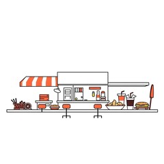 Obraz premium Street cafe icon outline Food bar Shop restaurant color, Illustration of a coffee shop. outline illustration of a fast food restaurant on the roadside.