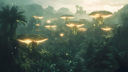 Ethereal alien jungle with enigmatic bioluminescent trees and exotic fauna in a realistic landscape, enigmatic, bioluminescent. Alien Flora and Fauna. Illustration