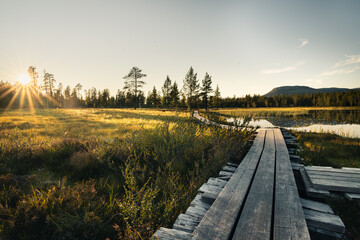 The golden hour bathes the grass and the tranquil lake, along a wooden walkway in Idre in Dalarna, Sweden, with vibrant sun rays of the sunstar shining through the trees