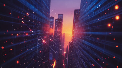 Obraz premium Smart digital city with connection cyber security network reciprocity over the cityscape . future smart wireless digital city and social media networking systems that connects people within the city