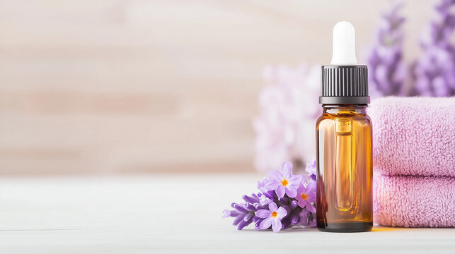 Aromatherapy items including essential oils sit elegantly on a wooden surface adorned with lavender and towels