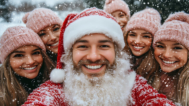 Handsome Young Man in Santa Costume Posing with girls for selfe 