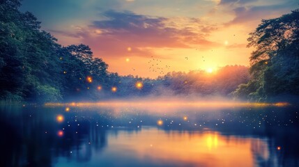 Obraz premium A magical sunset over a still lake with fireflies glowing in the air and water, surrounded by trees.