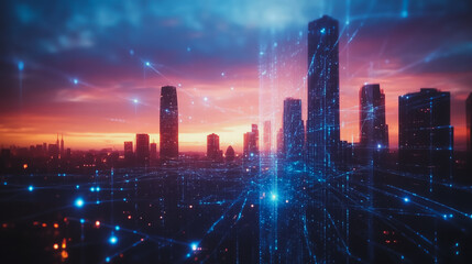 Fototapeta premium Smart digital city with connection cyber security network reciprocity over the cityscape . future smart wireless digital city and social media networking systems that connects people within the city