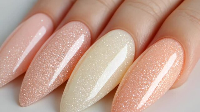 Close-up of a hand with long, almond-shaped nails painted in a variety of shimmering, pink, and white nail polish