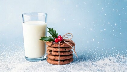Christmas cookies and a glass of milk on light blue background