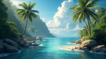 Tropical Paradise Scenic View with Lush Greenery and Crystal Blue Waters Dream Vacation Destination