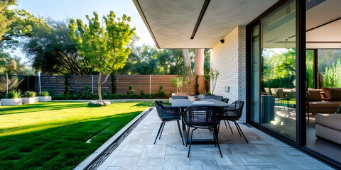 Imagen horizontal de un patio en una casa con jardín