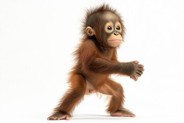 the beside view baby Orangutan primate standing, left side view, low angle, white copy space on right, Isolated on White Background