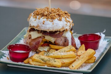 Gourmet burger with creamy sauce and crispy onions.