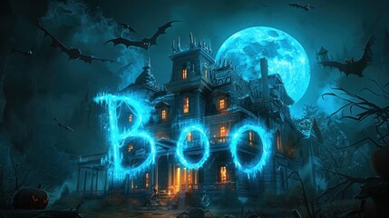 Glowing Haunted House with Bats Under Full Moon on Spooky Night  Eerie creepy and mysterious haunted mansion with mystical glow surrounded by bats flying in the dark moody night sky with a large