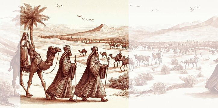 Sepia sketch of the three kings with camels in the desert