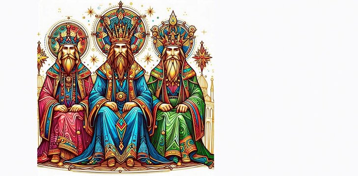 Colorful illustration of the three kings seated with crowns