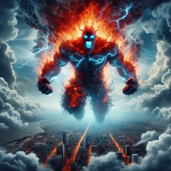 Ai generated illustration of a human flying monster giant fire smoke in the form of a a storm flying in the cloud sky of smoke and streaks of lightning on its body with city destroyed by fire