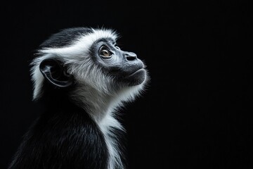 Obraz premium the beside view baby Colobus primate standing, left side view, low angle, white copy space on right, Isolated on black Background