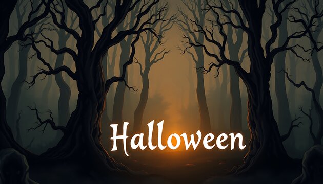 Spooky Forest Card: An illustration of a dense, foggy forest with gnarled trees, with the word "Halloween" glowing in ghostly white amidst the shadows.
 - Powered by Adobe