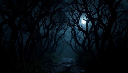 Obraz premium A dark forest path lined with gnarled trees, their branches reaching out like skeletal fingers. 