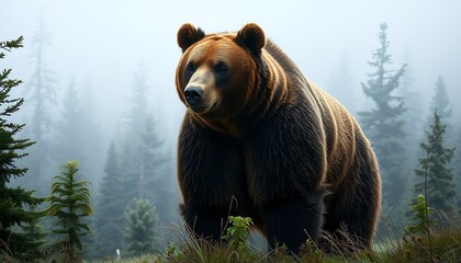 Obraz premium A majestic, towering grizzly bear emerges from a misty forest, its fur a rich, dark brown, with a subtle sheen that hints at its rugged, untamed nature.
