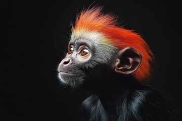 Fototapeta premium Mystic portrait of baby Colobus primate in studio, copy space on right side, Headshot, Close-up View, isolated on black background