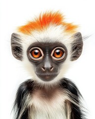 Obraz premium Mystic portrait of baby Colobus primate, copy space on right side, Headshot, Close-up View, isolated on white background
