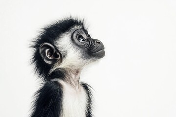 Fototapeta premium the beside view baby Colobus primate standing, left side view, low angle, white copy space on right, Isolated on White Background
