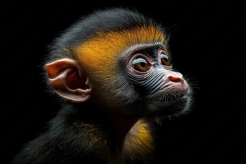 Mystic portrait of baby Mandrill primate in studio, copy space on right side, Headshot, Close-up View, isolated on black background