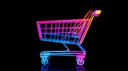 Neon shopping cart on black background. Black Friday.