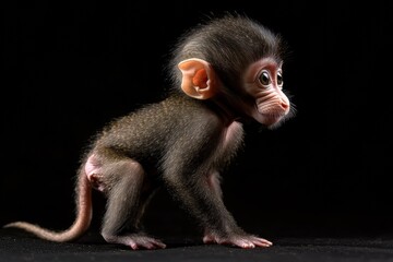 the beside view baby Mandrill primate standing, left side view, low angle, white copy space on right, Isolated on black Background
