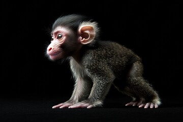 the beside view baby Mandrill primate standing, left side view, low angle, white copy space on right, Isolated on black Background
