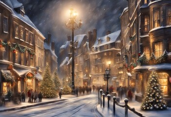 Fototapeta premium Winter Christmas city street, with decorated Christmas trees and people walking