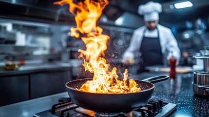 Stove as a gourmet chef cooking in a five-star restaurant, with flames rising, isolated against a modern kitchen background.