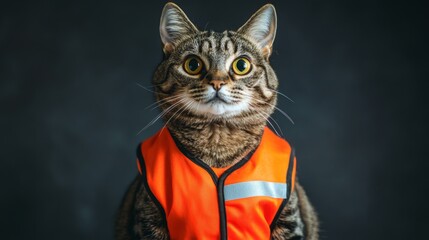 Studio shot of a cat wearing an orange vest for Road Safety Awareness Week.