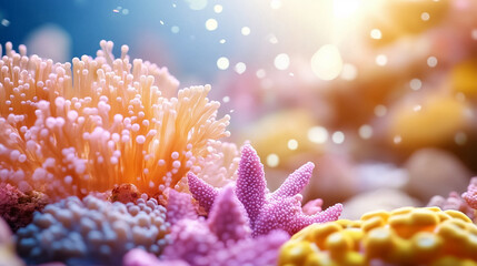 Dive into a vibrant underwater world filled with colorful corals and thriving marine life beneath the sun