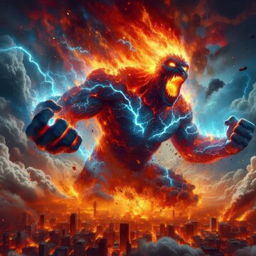 Ai generated illustration of a human flying monster giant fire smoke in the form of a a storm flying in the cloud sky of smoke and streaks of lightning on its body with city destroyed by fire