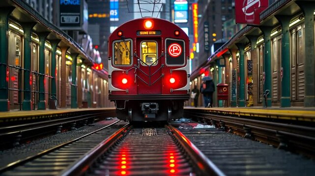 A red subway train approaches a busy urban station as commuters wait on platforms. The vibrant city lights illuminate the evening sky, creating an energetic atmosphere