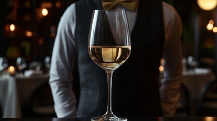 Obraz premium Wine Glass as a Sommelier Tasting Fine Wine, Wearing a Bow Tie, Isolated on a Dark Restaurant Background