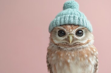 Fototapeta premium Cute Little Owl in a Blue Birthday Hat on a Pastel Pink Background