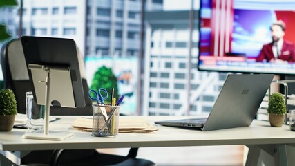 Empty global corporation office in a luxurious urban city center, modern workspace equipped with professional tools and networking system. Career development and motivation.