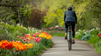 Businessperson riding a bicycle through a serene park on the way to work, with vibrant flowers along the path.