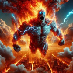 Ai generated illustration of a human flying monster giant fire smoke in the form of a a storm flying in the cloud sky of smoke and streaks of lightning on its body with city destroyed by fire