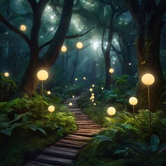 Obraz premium Mystical forest with glowing plants and surreal pathways leading to floating orbs; ethereal atmosphere with soft, illuminating color tones