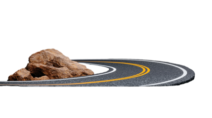 Curved mountain road with sharp turn and rocks, symbolizing adventure and journey on transparent background