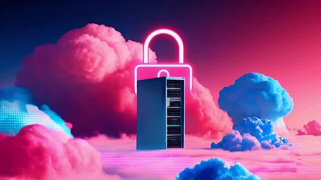 A server tower stands on a fluffy cloud with a neon padlock floating above it.