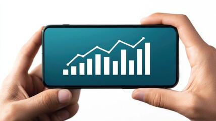 A person holds a smartphone displaying a chart with upward trends, symbolizing growth and analysis in finance or data.
