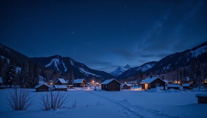 Fototapeta premium Nighttime snowy village landscape under dark indigo sky with twinkling stars and magical ambiance