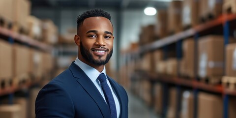 Obraz premium Confident Businessman in Warehouse Setting with Cardboard Boxes